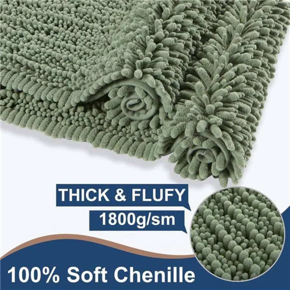 Luxury Chenille Sage Green Bathroom Rugs Sets 2 Piece, Thickened Hot Melt Rubber